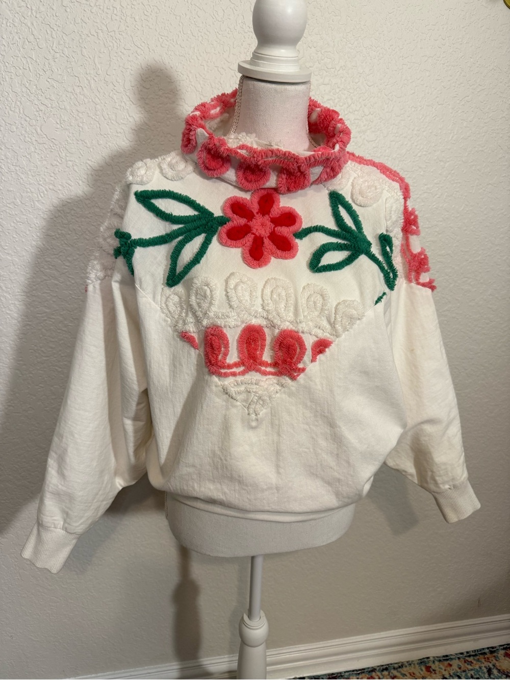 Cream Chenille Floral Turtleneck Sweater with Pink & Green Accents
